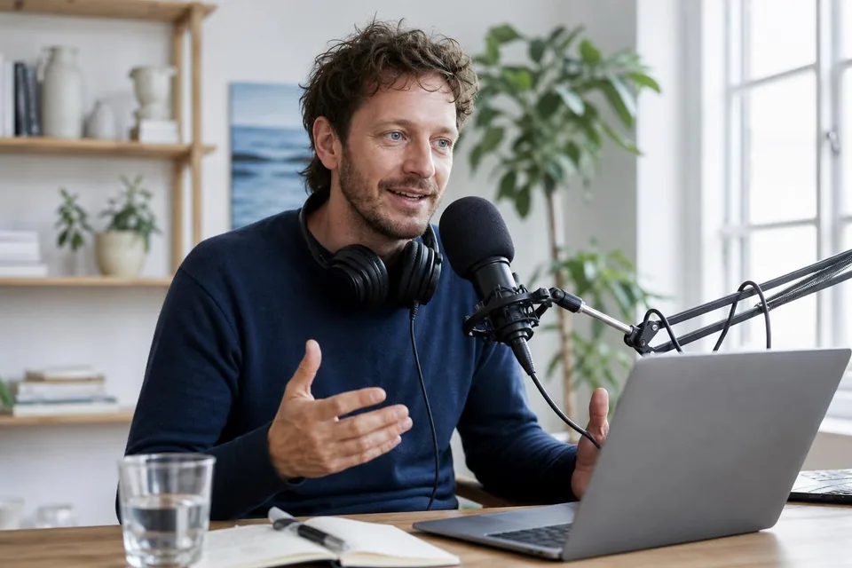Ein Podcaster nimmt in seinem kleinen Studio eine Folge auf