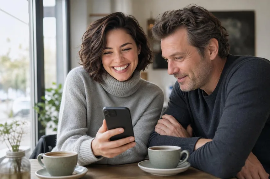 Eine Frau zeigt einem Freund im Café etwas auf ihrem Smartphone
