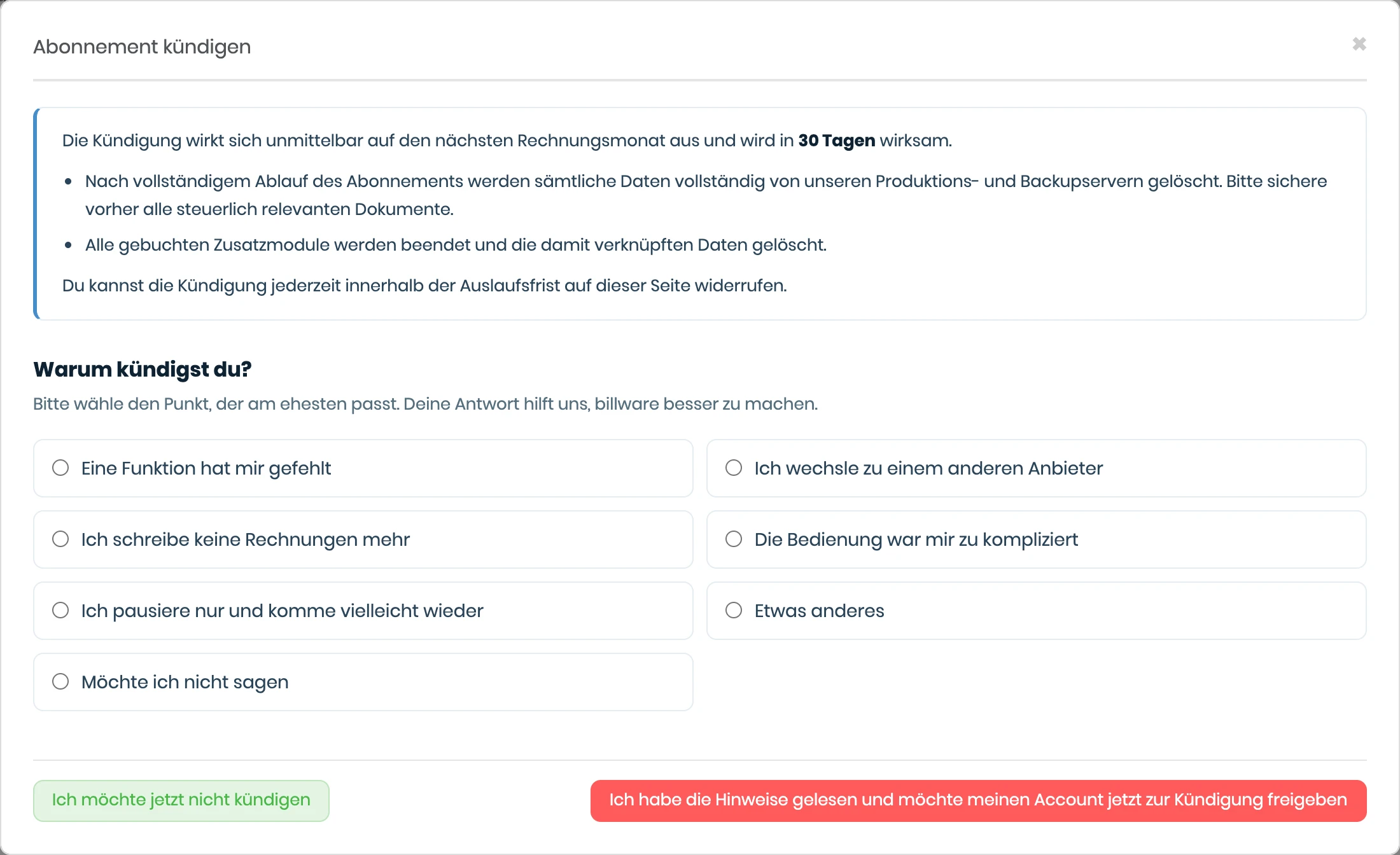 Fenster Abonnement kündigen mit Hinweisen zu Wirksamkeit und Datenlöschung, einem Textfeld für Feedback und dem Knopf zur Kündigung