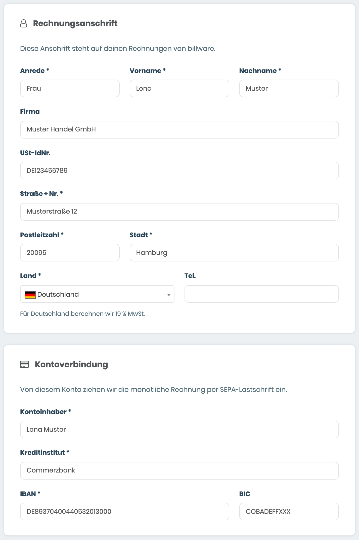 Bestellseite des billware-Abonnements mit Rechnungsanschrift, Hinweis zur Umsatzsteuer und Kontoverbindung mit Kontoinhaber, Kreditinstitut, IBAN und BIC