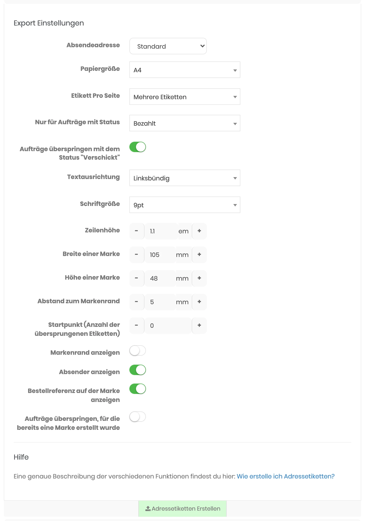Export-Einstellungen für Adressetiketten mit Absendeadresse, Papiergröße, Etiketten pro Seite, Statusauswahl, Schrift, Maßen der Marke und Schaltern für Rand, Absender und Bestellreferenz