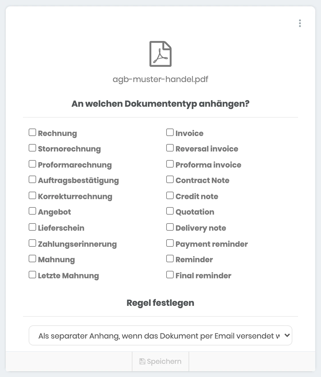 Kachel eines Anhangs mit Dokumenttypen und der Auswahl der Regel
