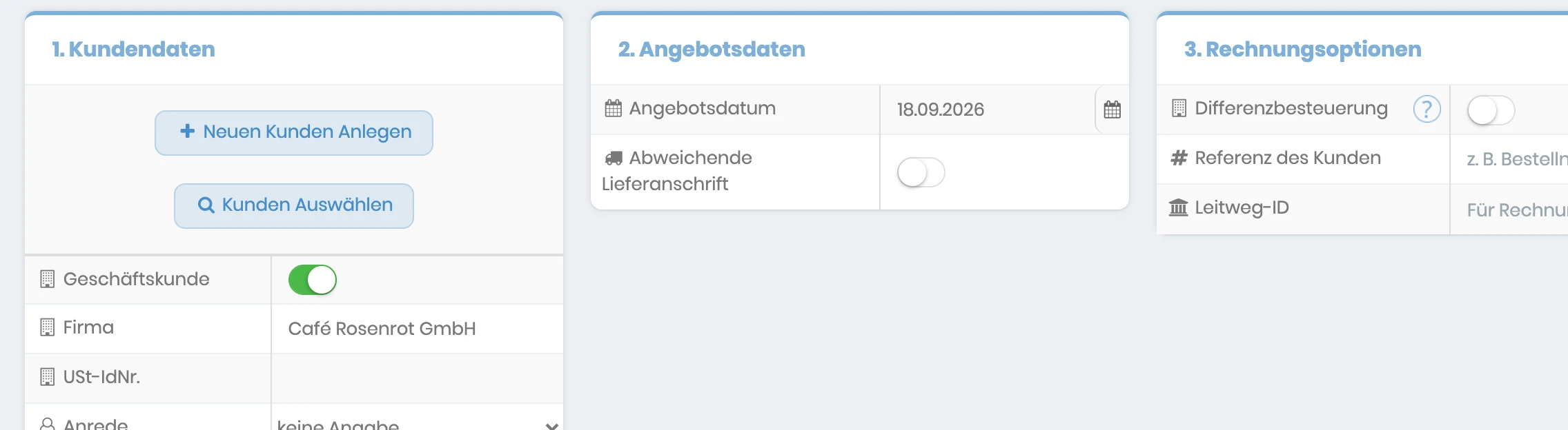 Formular für ein neues Angebot mit Kundendaten, Angebotsdatum und Rechnungsoptionen