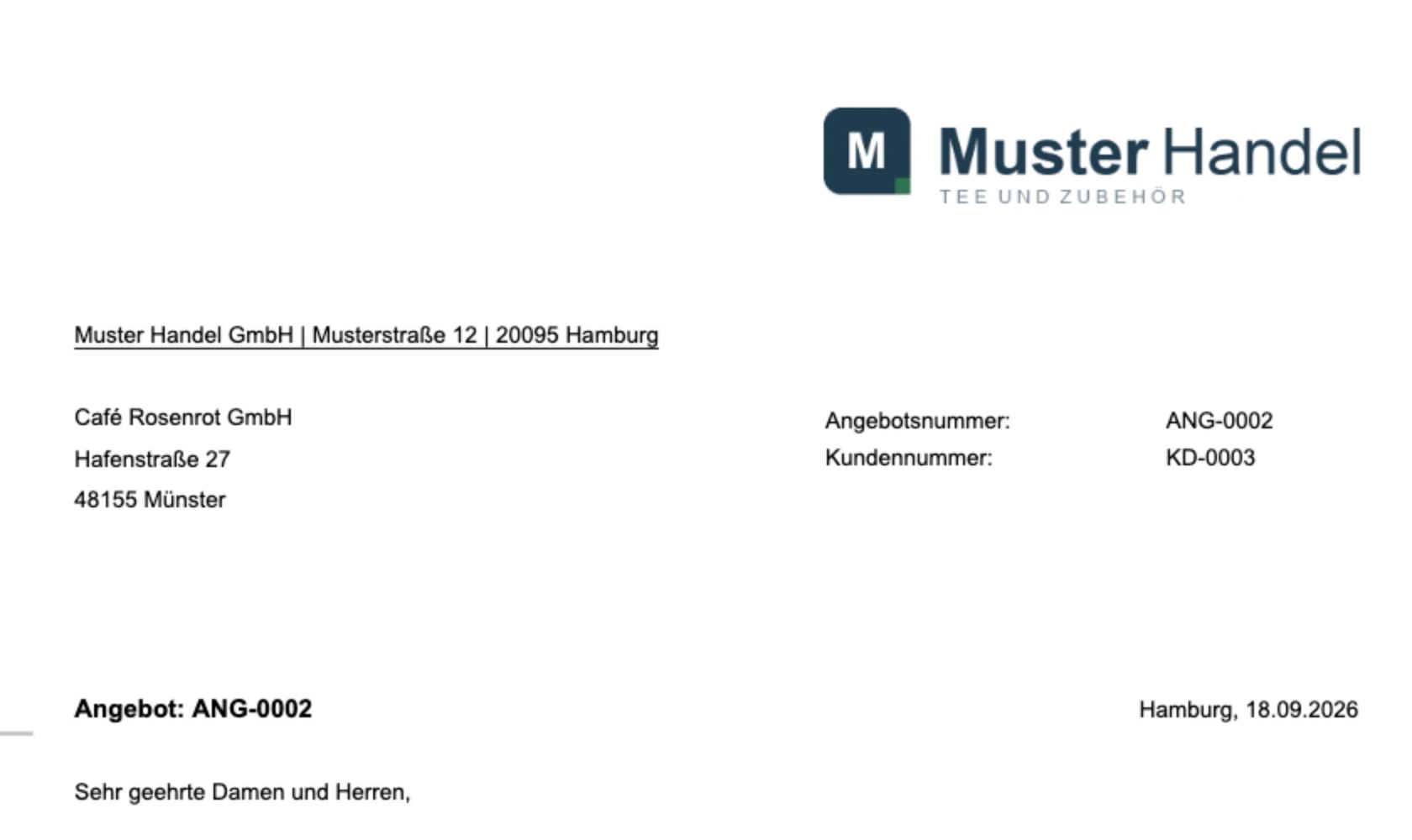 Kopf eines fertigen Angebots mit Anschrift, Angebotsnummer und Kundennummer