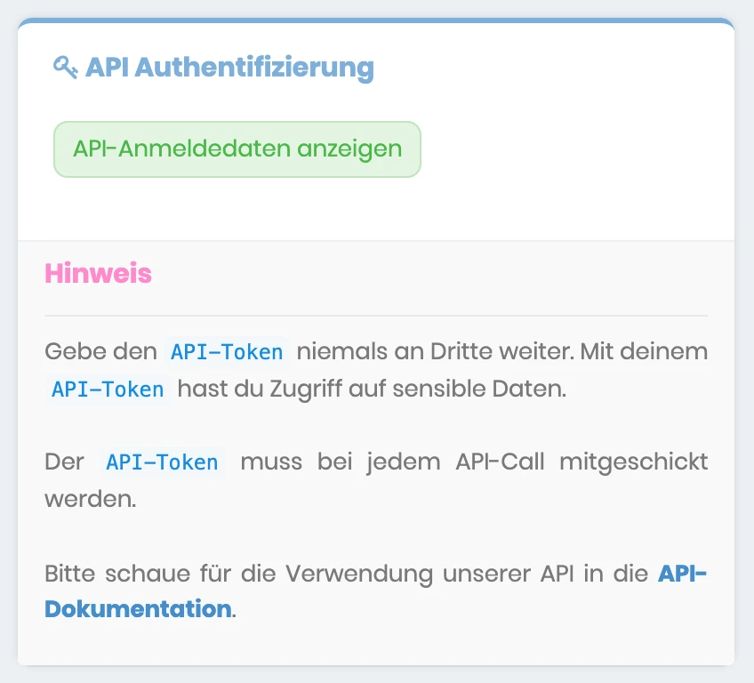 Seite Apps API mit dem Bereich API Authentifizierung