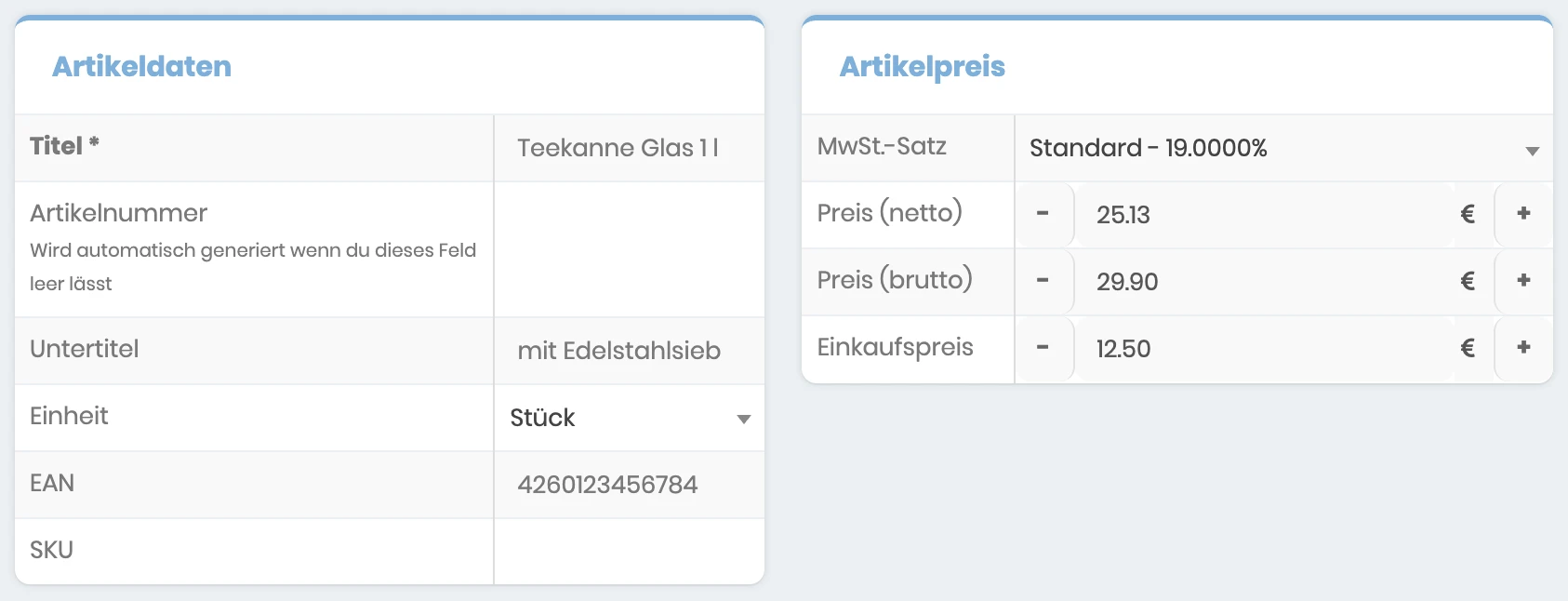 Formular für einen neuen Artikel mit den Bereichen Artikeldaten und Artikelpreis, ausgefüllt für eine Teekanne aus Glas