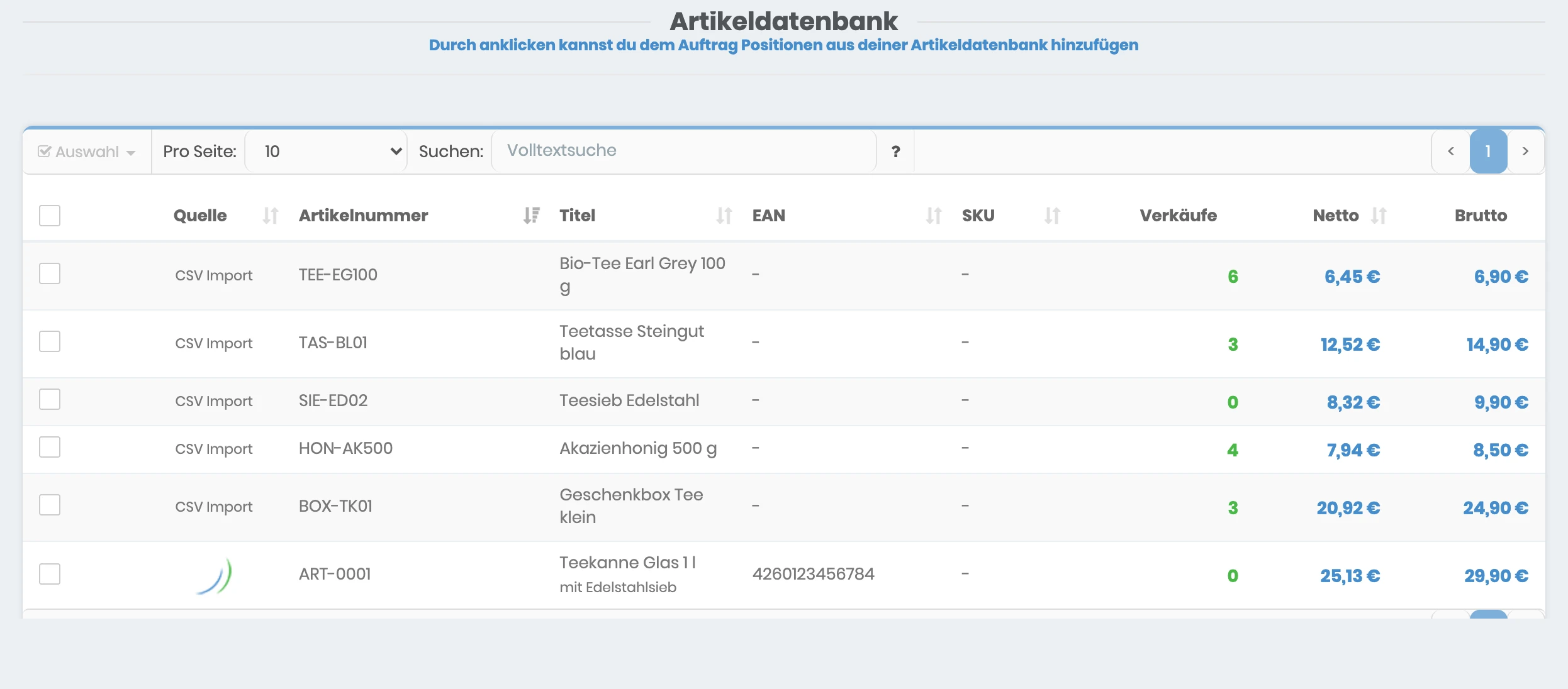 Artikeldatenbank in einem neuen Auftrag mit allen angelegten Artikeln, ihren Verkäufen und Preisen