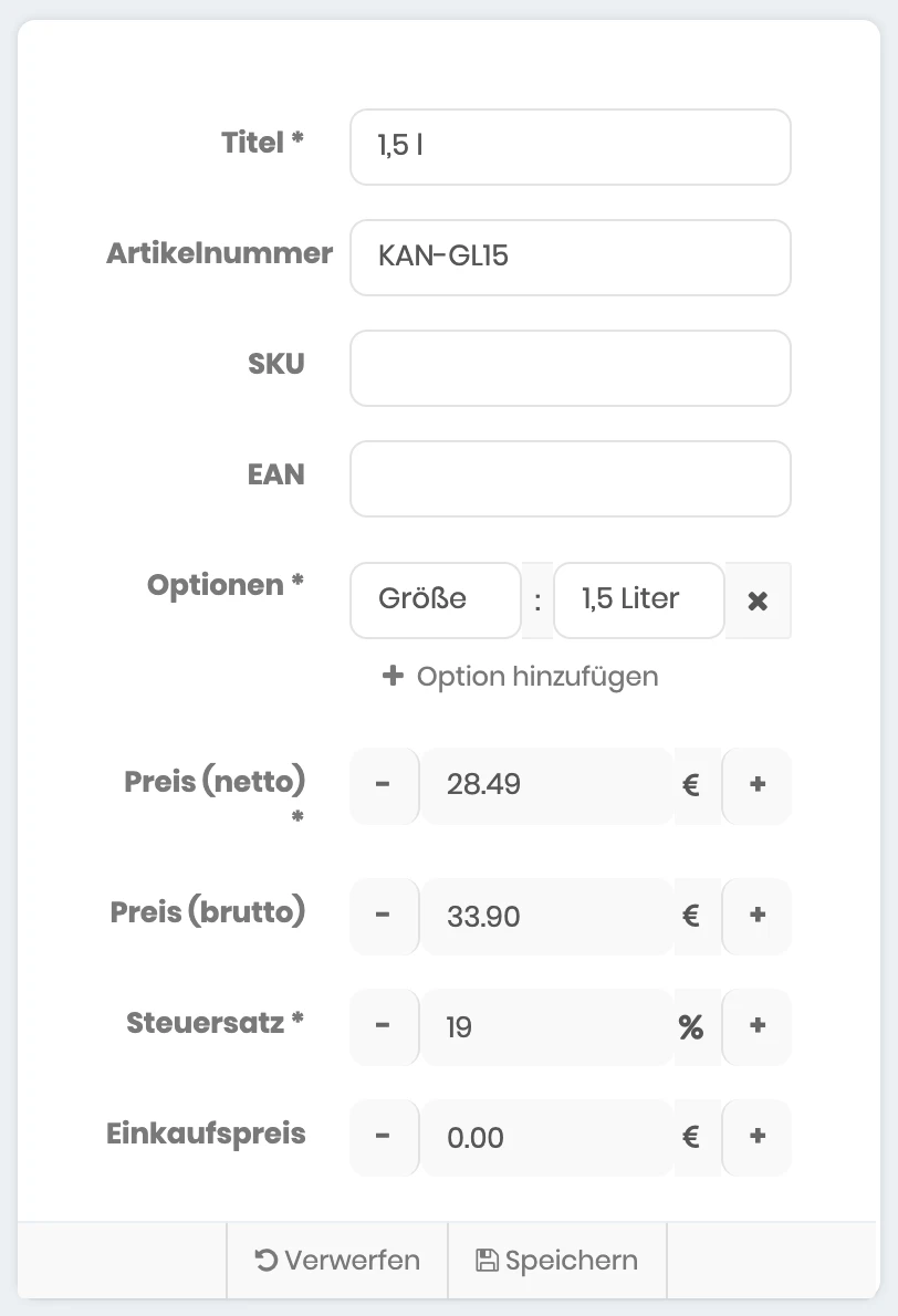Formular einer neuen Variante mit Titel, Artikelnummer, der Option Größe mit dem Wert 1,5 Liter und Preisen