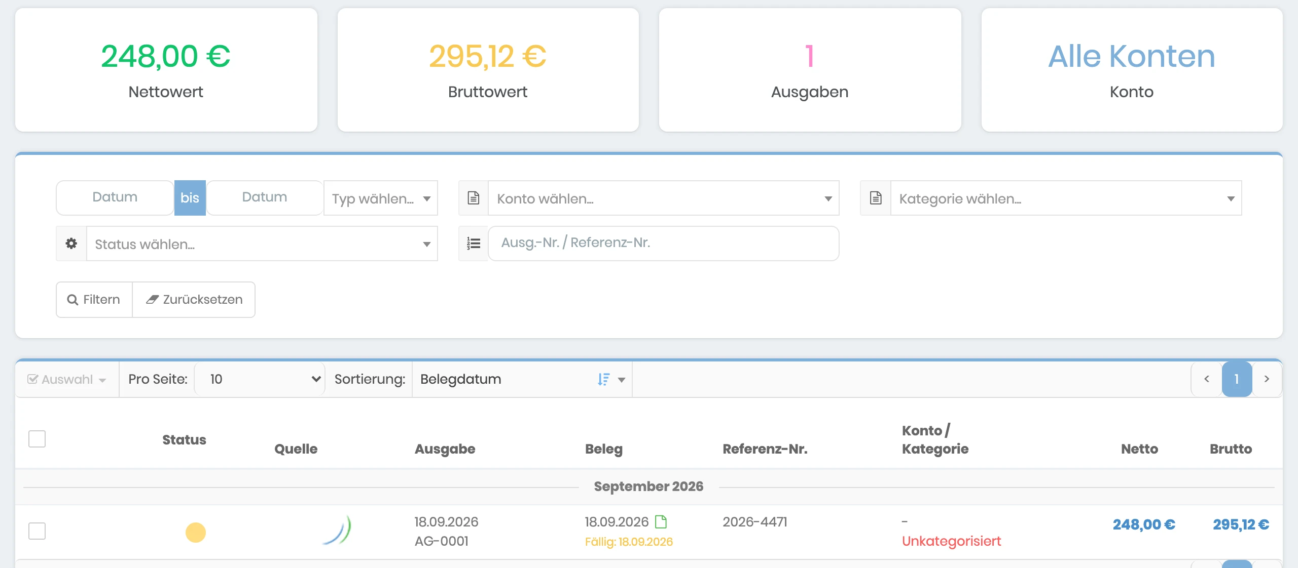 Übersicht der Ausgaben mit Summen und Filtern