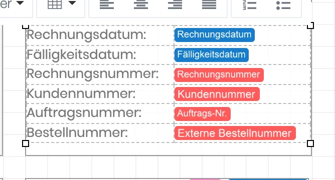 Box im Rechnungslayout mit der neuen Zeile Bestellnummer und dem roten Platzhalter Externe Bestellnummer