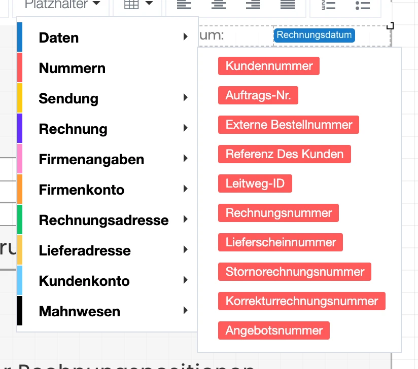 Menü Platzhalter im Layout-Editor mit der Kategorie Nummern, darin der Eintrag Externe Bestellnummer