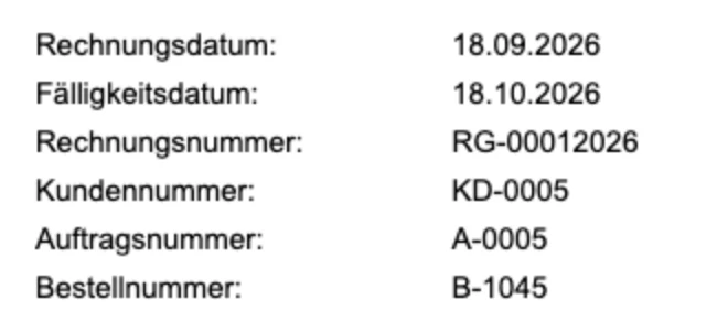 Angaben auf einer Rechnung mit Rechnungsdatum, Fälligkeitsdatum, Rechnungsnummer, Kundennummer, Auftragsnummer und Bestellnummer B-1045