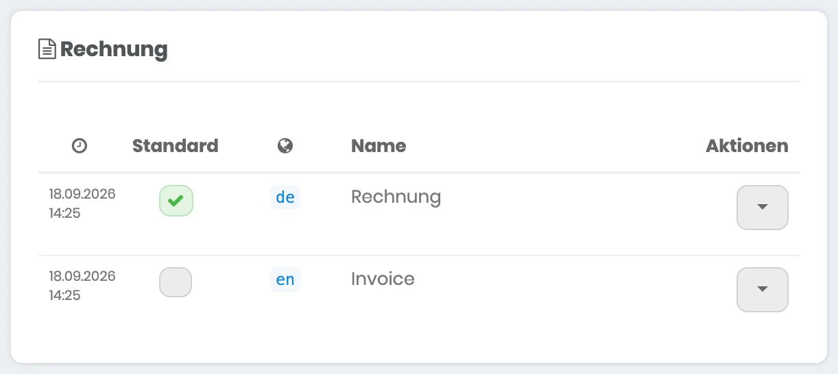 Vorlagen für die Rechnung in billware mit der deutschen Vorlage Rechnung als Standard und der englischen Vorlage Invoice