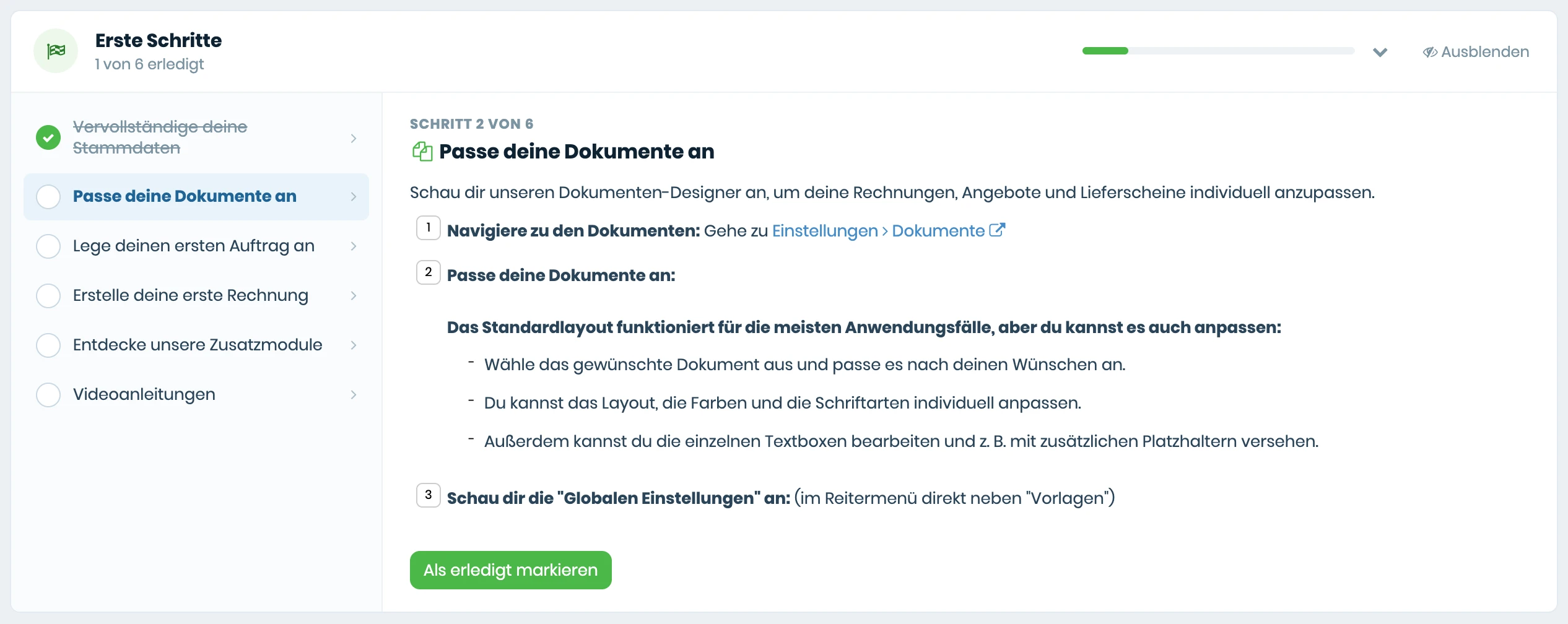 Liste Erste Schritte auf dem billware-Dashboard mit sechs Punkten von Stammdaten bis Videoanleitungen und geöffnetem Schritt Passe deine Dokumente an
