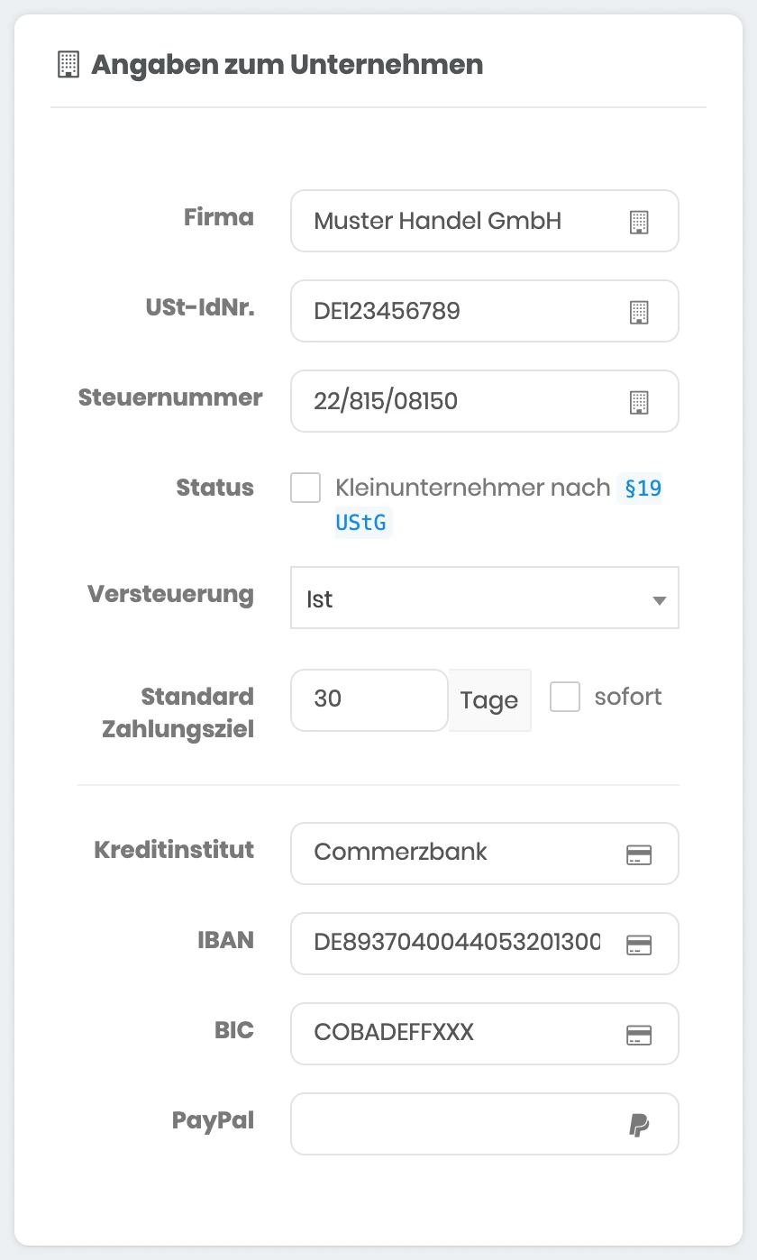 Bereich Angaben zum Unternehmen in den Stammdaten mit Firma, USt-IdNr., Steuernummer, Kleinunternehmer, Versteuerung, Standard Zahlungsziel und Bankverbindung