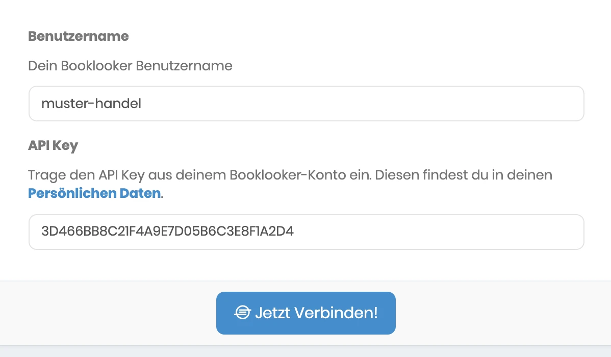 Formular zum Verbinden mit Booklooker mit den Feldern Benutzername und API Key