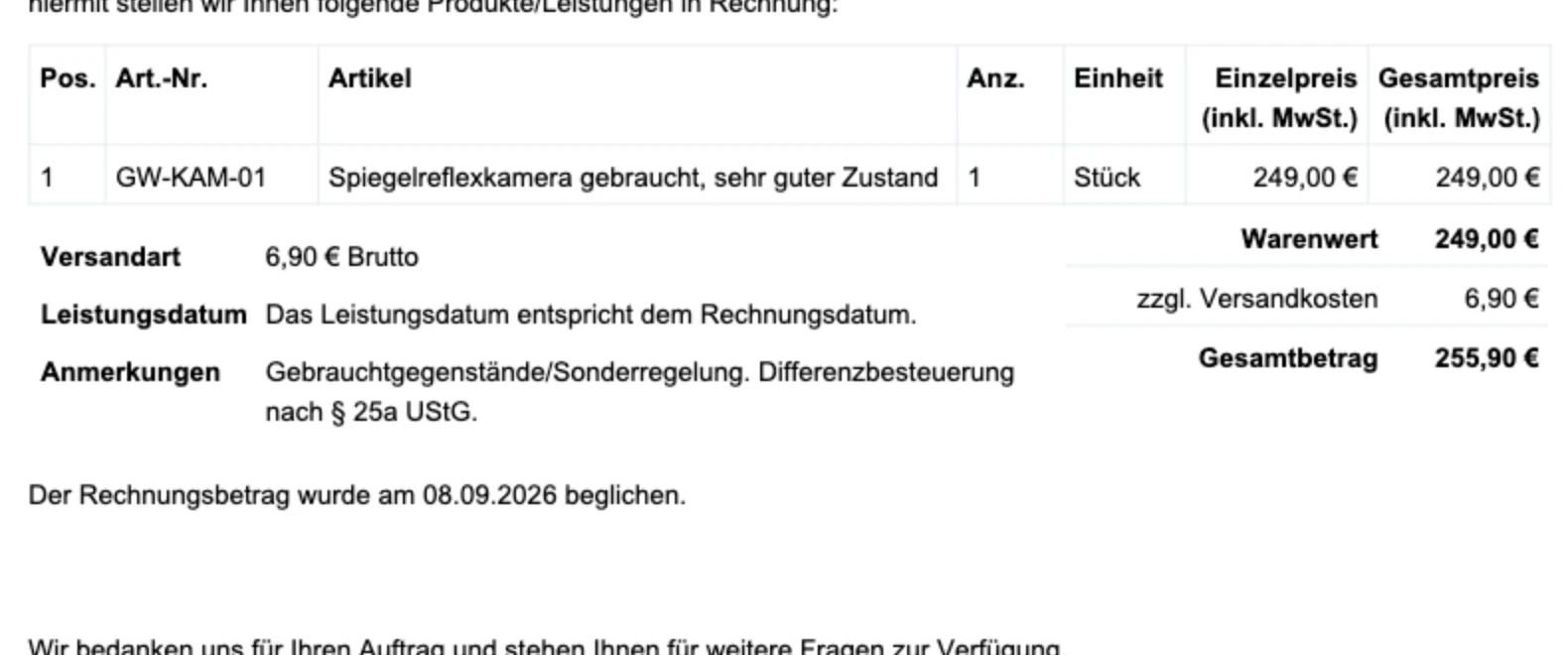 Ausschnitt einer Rechnung ohne ausgewiesene Umsatzsteuer mit der Anmerkung Gebrauchtgegenstände/Sonderregelung, Differenzbesteuerung nach Paragraf 25a UStG