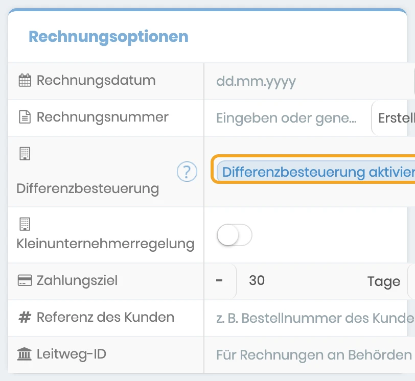 Bereich Rechnungsoptionen im Auftrag mit markiertem Knopf Differenzbesteuerung aktivieren