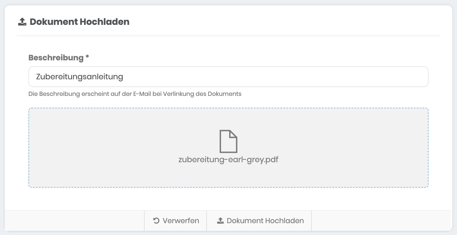 Bereich Dokument Hochladen im Reiter Automation mit Beschreibung Zubereitungsanleitung und einer PDF-Datei