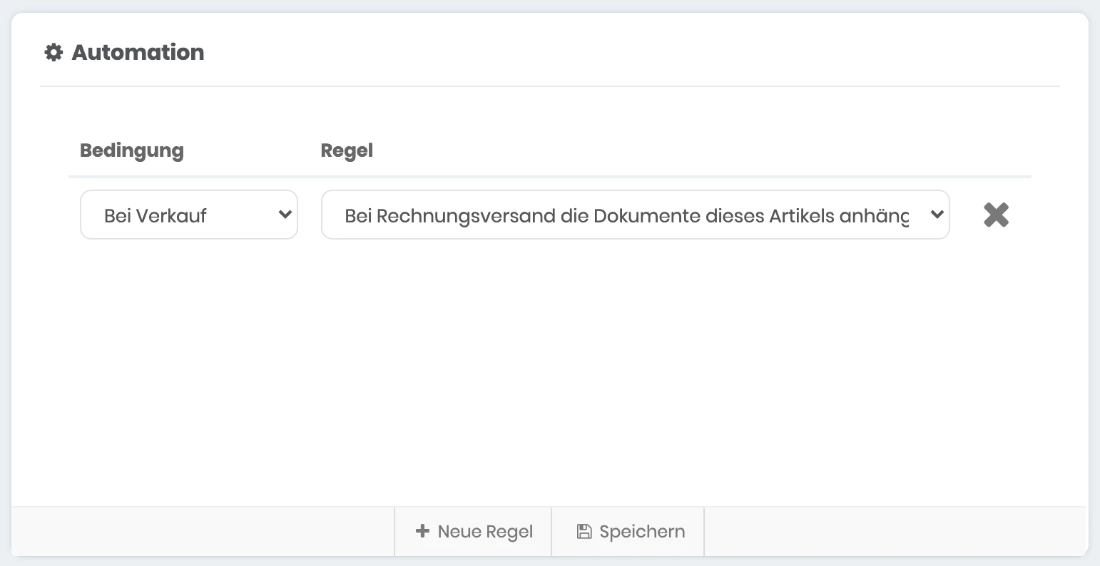 Bereich Automation mit einer Regel: Bedingung Bei Verkauf, Regel Bei Rechnungsversand die Dokumente dieses Artikels anhängen