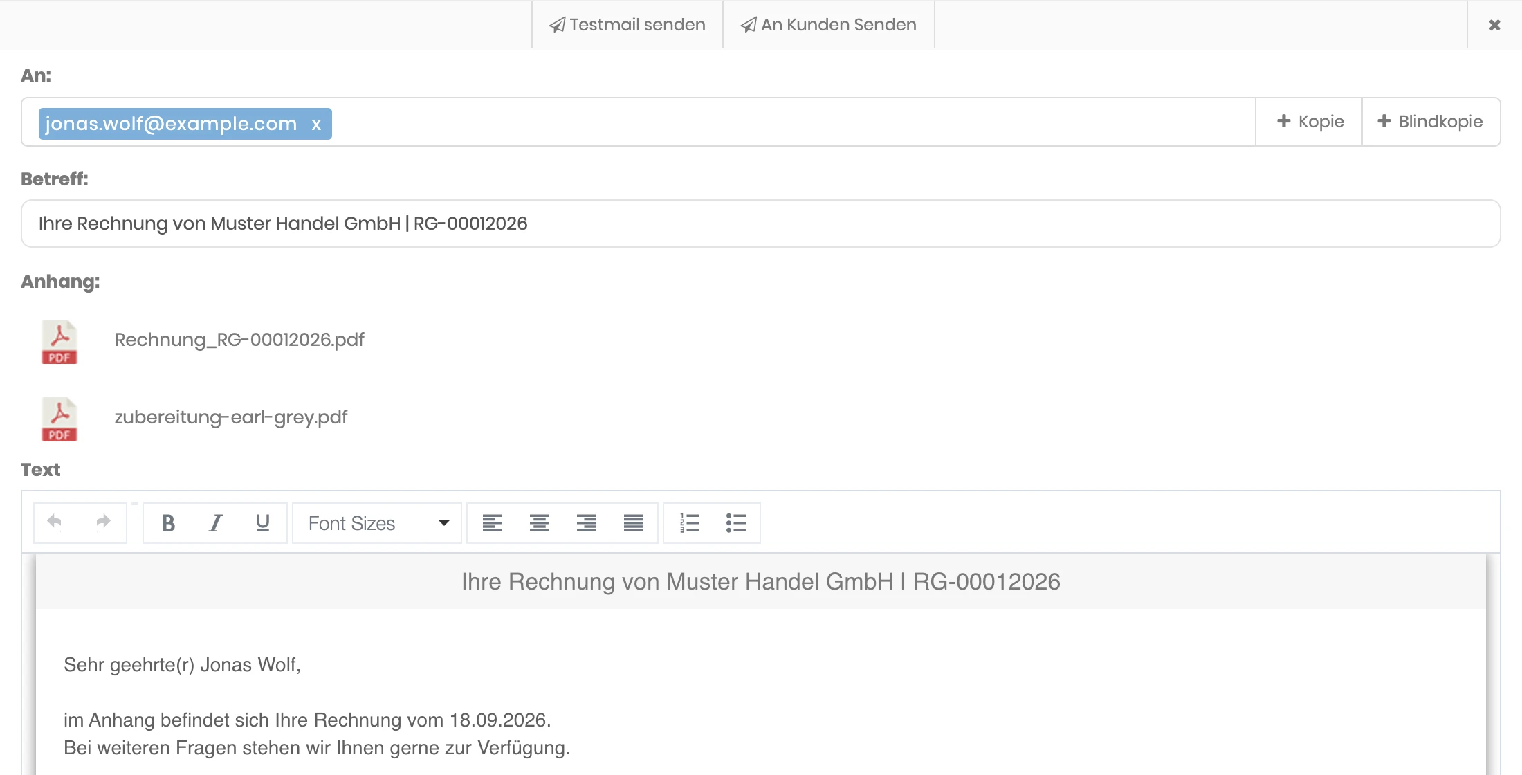E-Mail-Fenster einer Rechnung mit zwei Anhängen: der Rechnung als PDF und der Zubereitungsanleitung