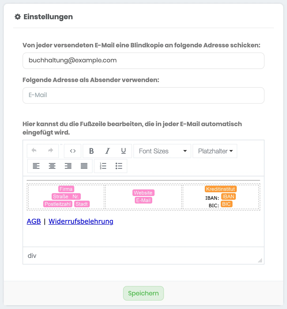 Globale E-Mail-Einstellungen mit Adresse für die Blindkopie, Absender und Fußzeile mit Links zu AGB und Widerrufsbelehrung