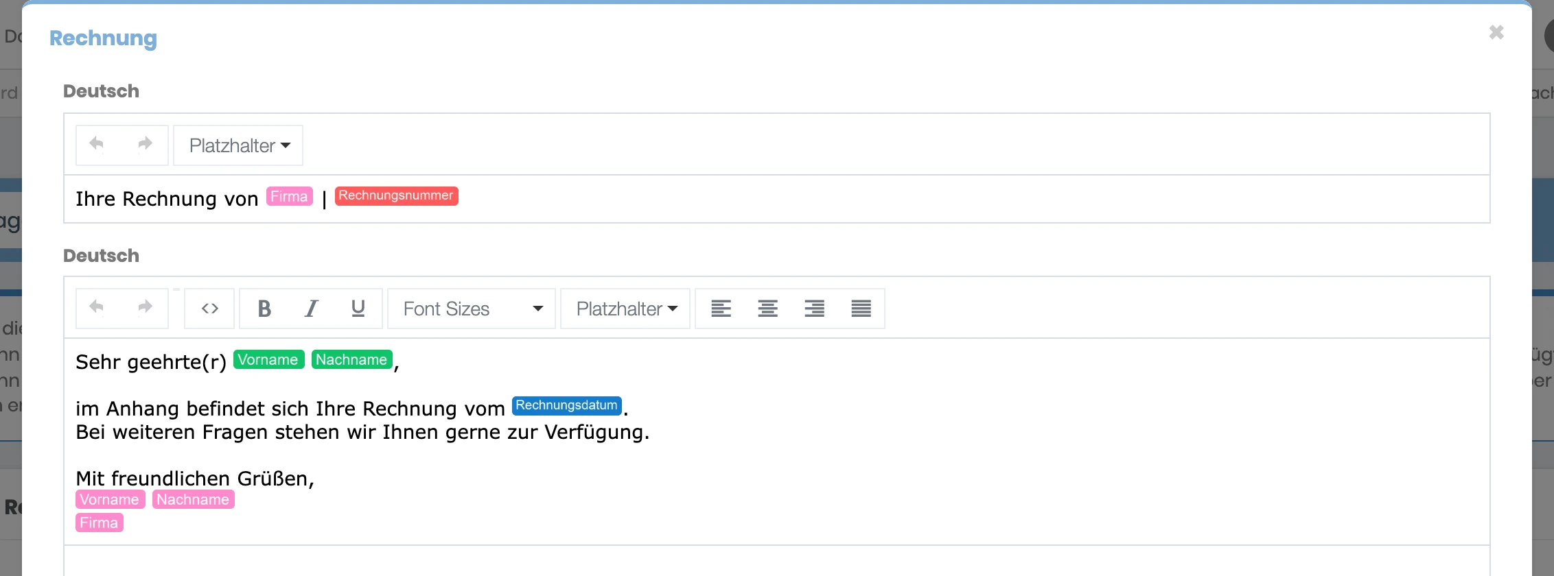 Fenster zum Bearbeiten der Rechnungs-Vorlage mit Betreff und Text, farbige Platzhalter für Firma, Rechnungsnummer, Vorname, Nachname und Rechnungsdatum