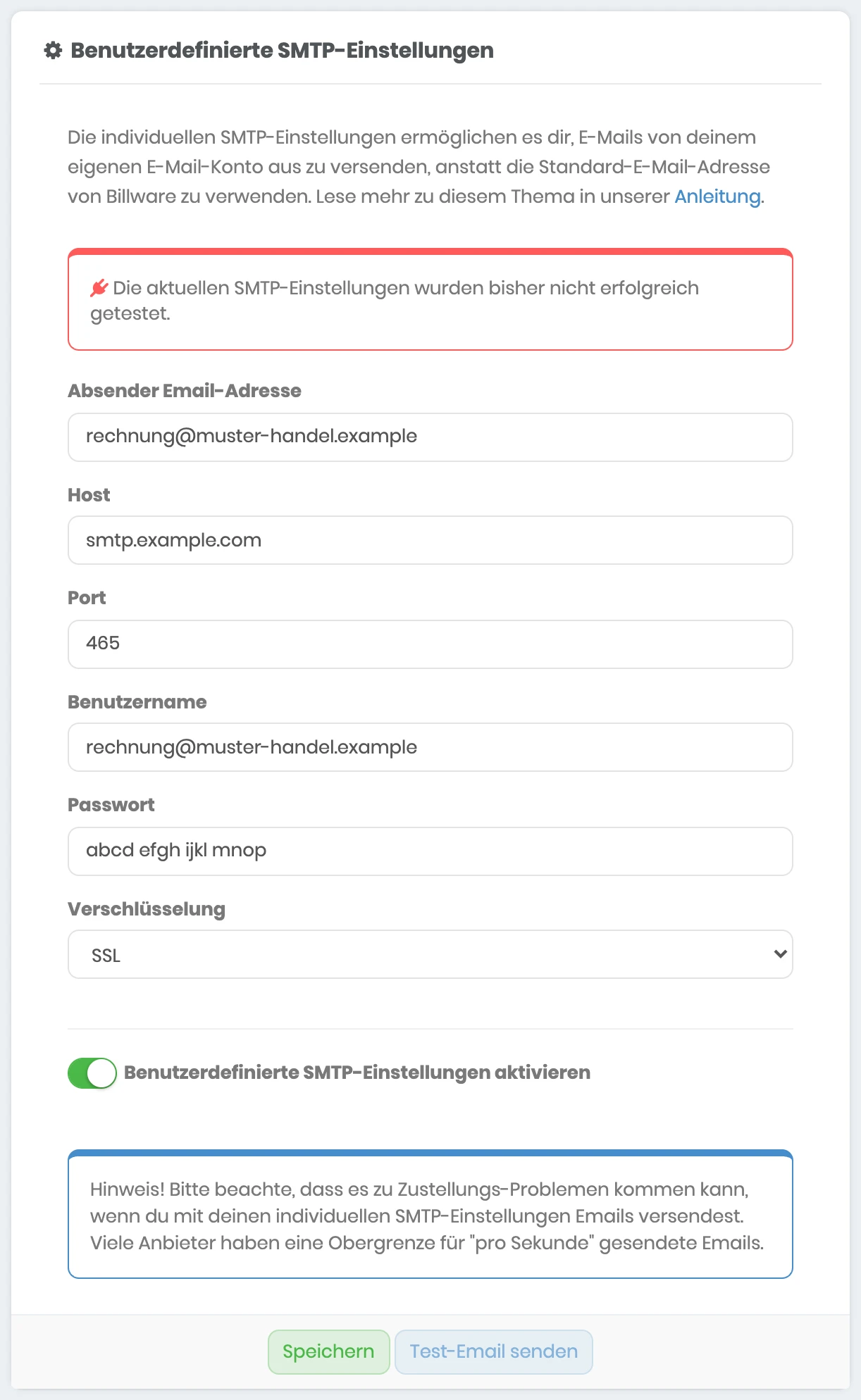 Bereich Benutzerdefinierte SMTP-Einstellungen mit Absenderadresse, Host, Port 465, Benutzername, Passwort, Verschlüsselung SSL und eingeschaltetem Schalter