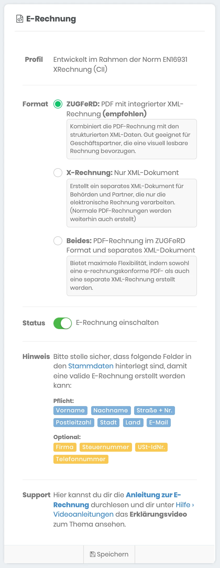 Bereich E-Rechnung in der Konfiguration mit Profil, den drei Formaten, eingeschaltetem Status und dem Hinweis auf die nötigen Stammdaten