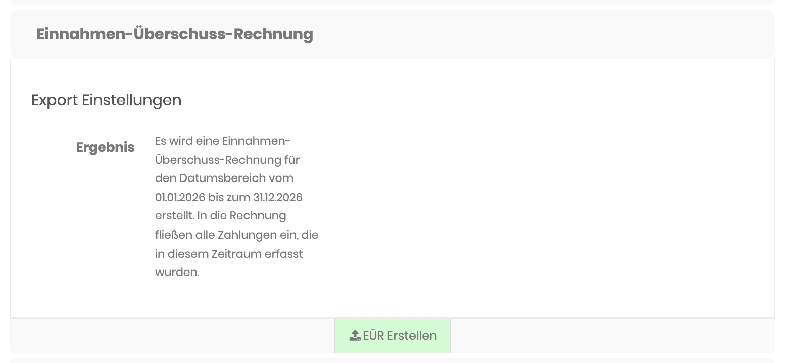 Bereich Einnahmen-Überschuss-Rechnung auf der Seite PDF Export