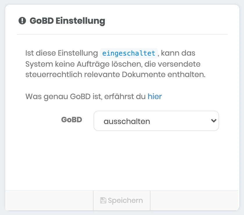 Bereich GoBD Einstellung in der Konfiguration mit Erklärung und Auswahlfeld GoBD