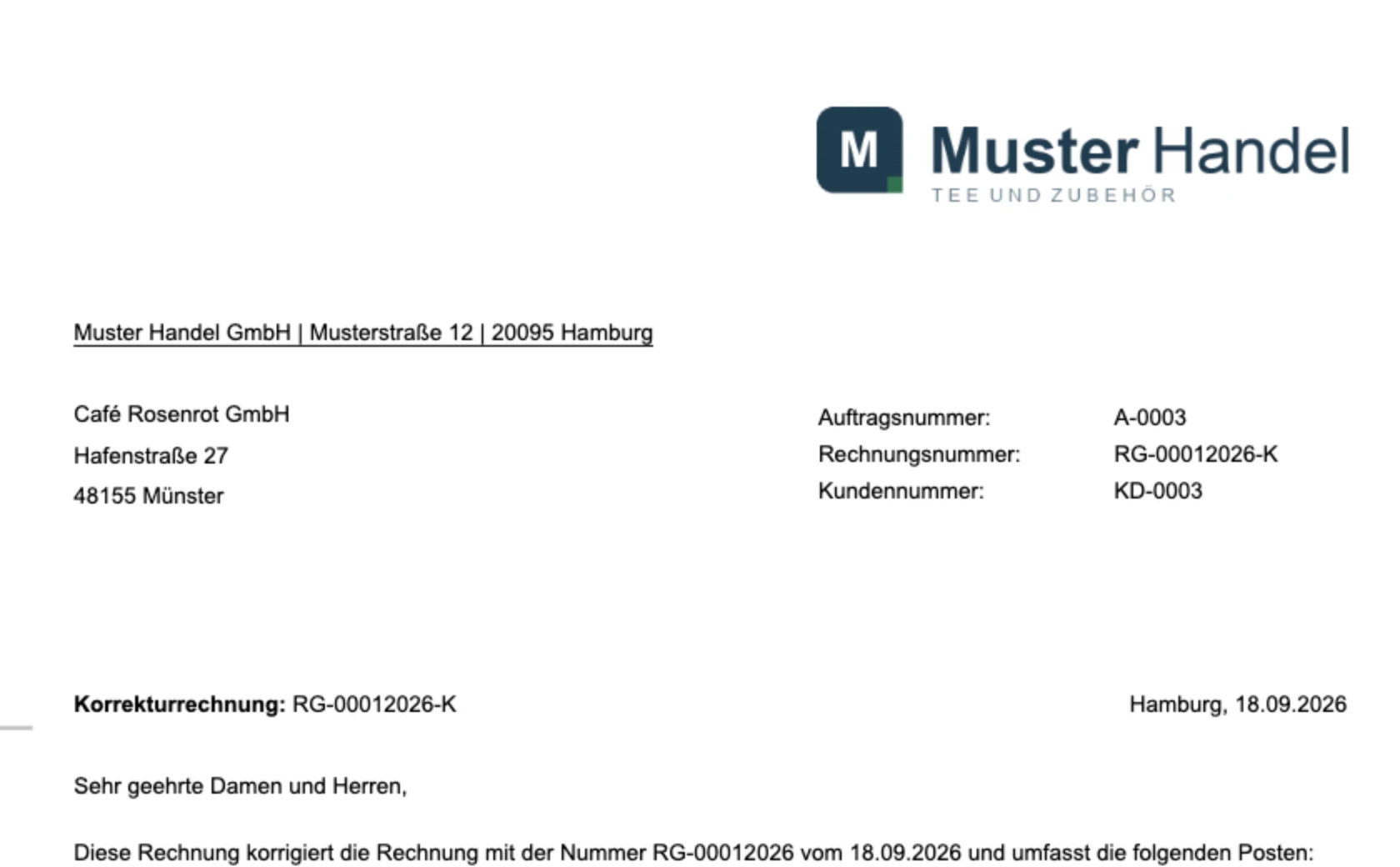 Kopf einer Korrekturrechnung mit Nummer und Bezug zur Rechnung