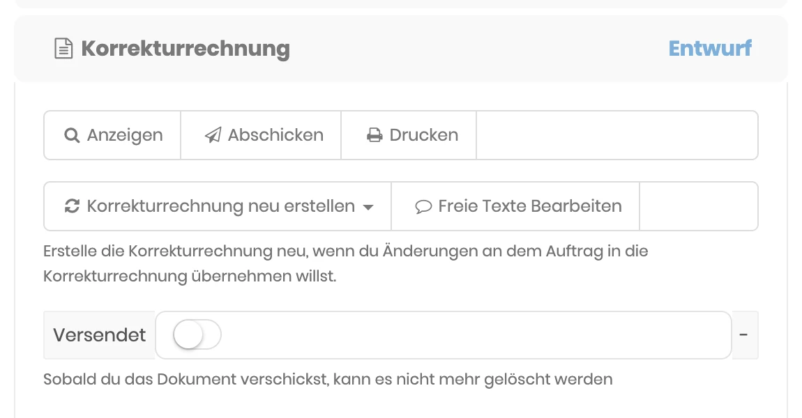 Bereich Korrekturrechnung mit den Knöpfen Anzeigen, Abschicken und Drucken