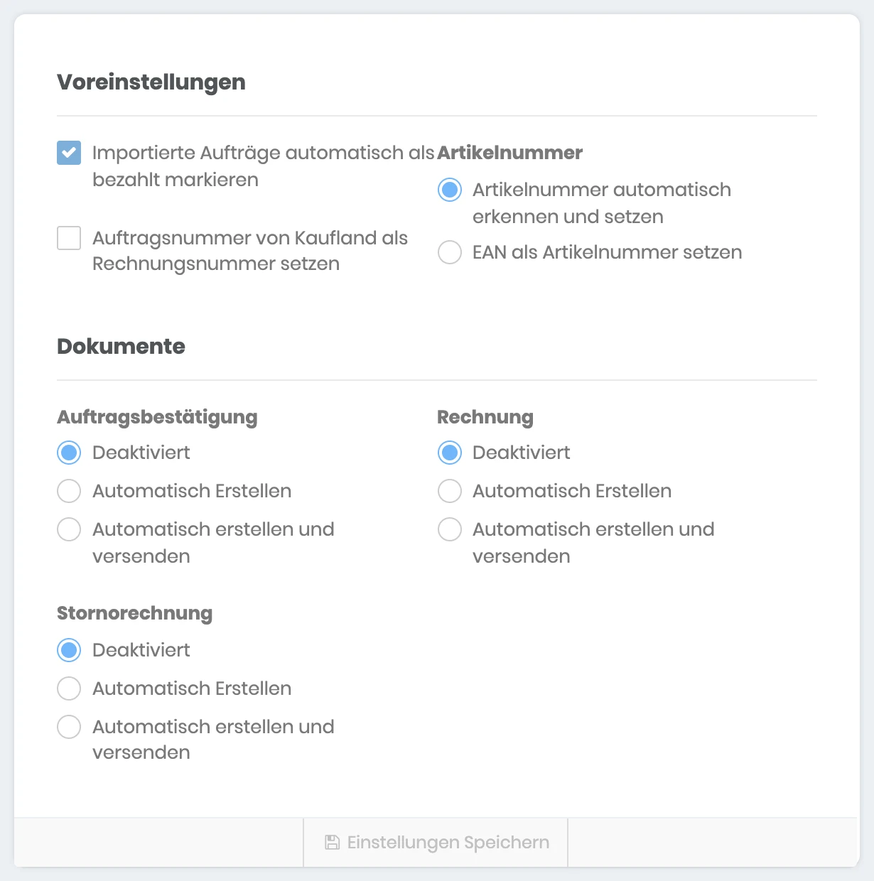 Voreinstellungen des Kaufland Importers mit Zahlungsstatus, Rechnungsnummer, Artikelnummer und Dokumenten