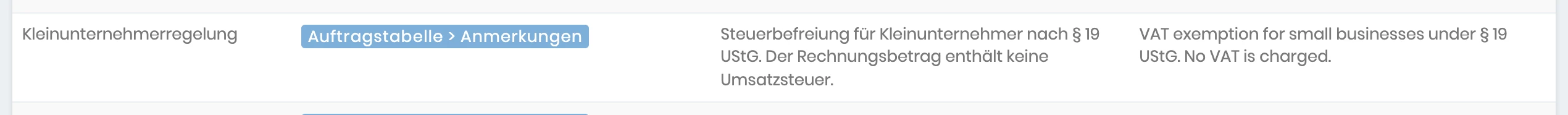 Eintrag Kleinunternehmerregelung in den Übersetzungen mit dem Hinweistext