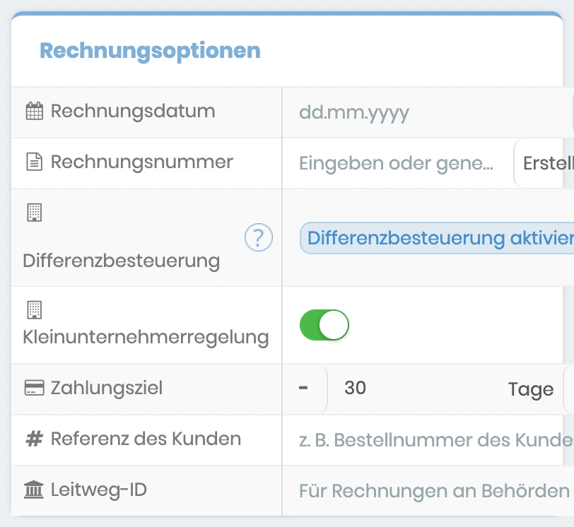 Rechnungsoptionen eines Auftrags mit eingeschalteter Kleinunternehmerregelung