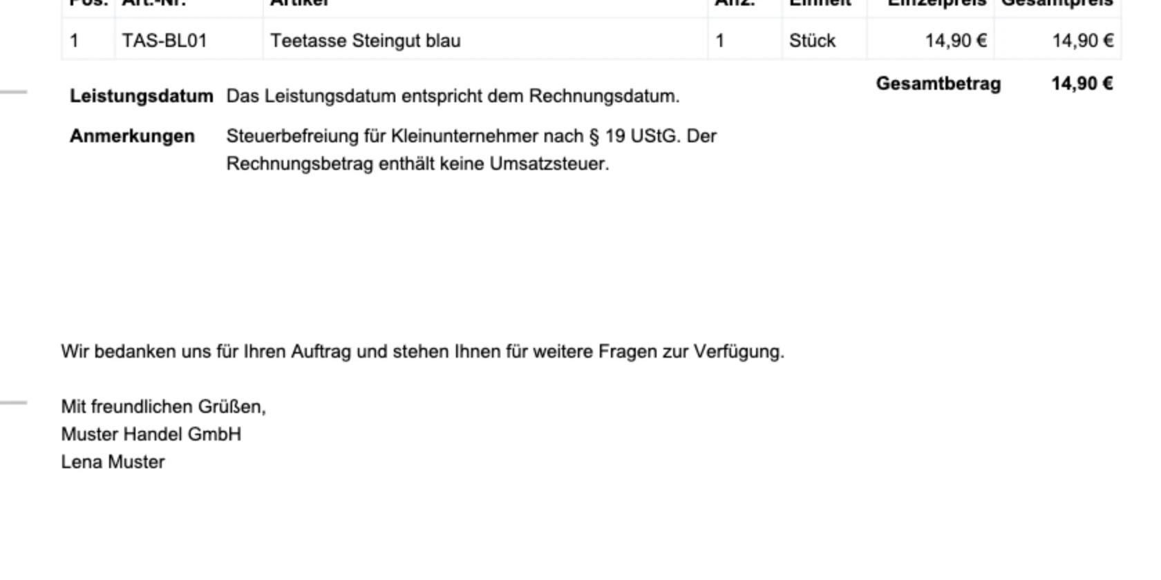 Rechnung ohne Steuerausweis mit dem Hinweis auf die Steuerbefreiung nach § 19 UStG