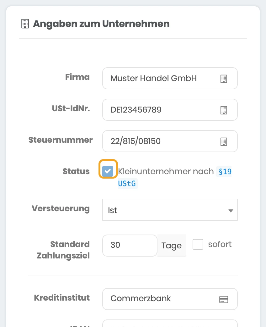 Angaben zum Unternehmen in den Stammdaten mit gesetztem Haken bei Kleinunternehmer nach §19 UStG