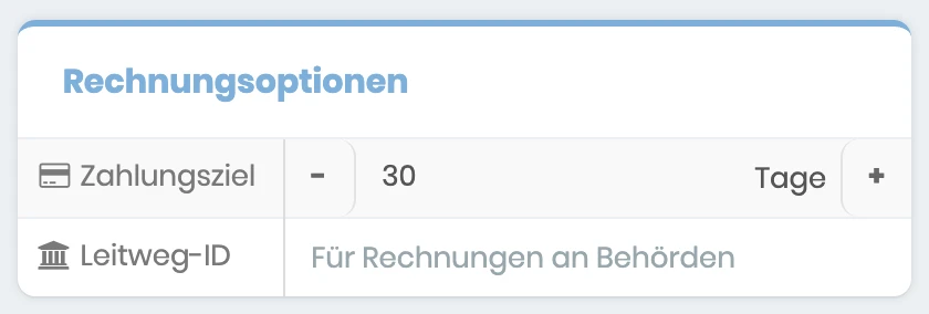 Bereich Rechnungsoptionen beim Anlegen eines Kunden mit dem Feld Zahlungsziel