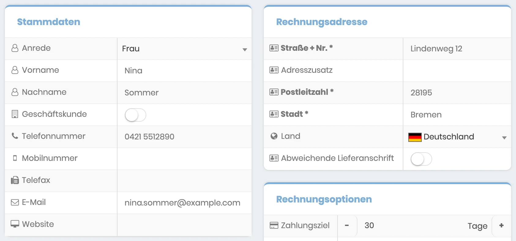 Bereiche Stammdaten und Rechnungsadresse beim Anlegen eines Kunden
