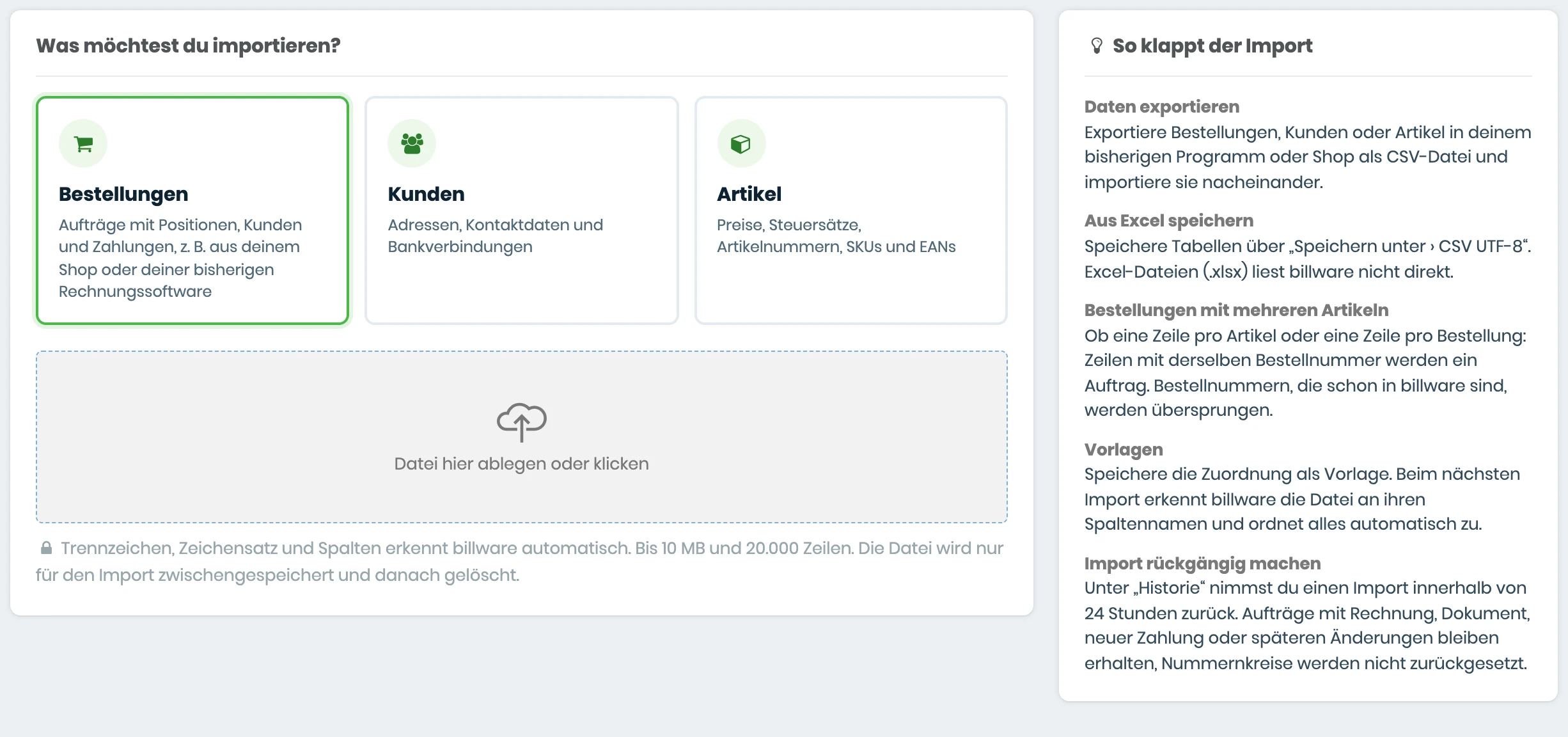 Erster Schritt im CSV-Importer mit Auswahl zwischen Bestellungen, Kunden und Artikeln, Feld zum Hochladen der Datei und Tipps zum Import