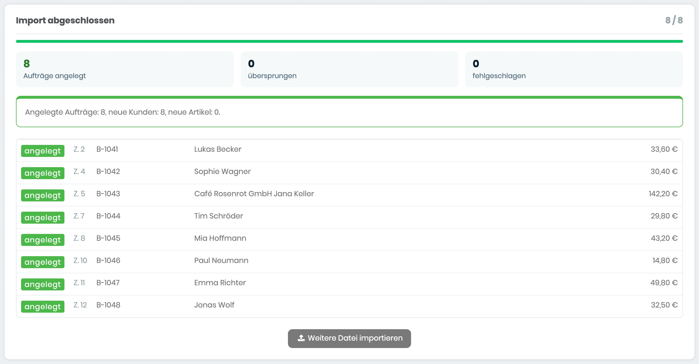 Ergebnis im CSV-Importer mit acht angelegten Aufträgen, keinen übersprungenen oder fehlgeschlagenen und einer Liste der Bestellungen