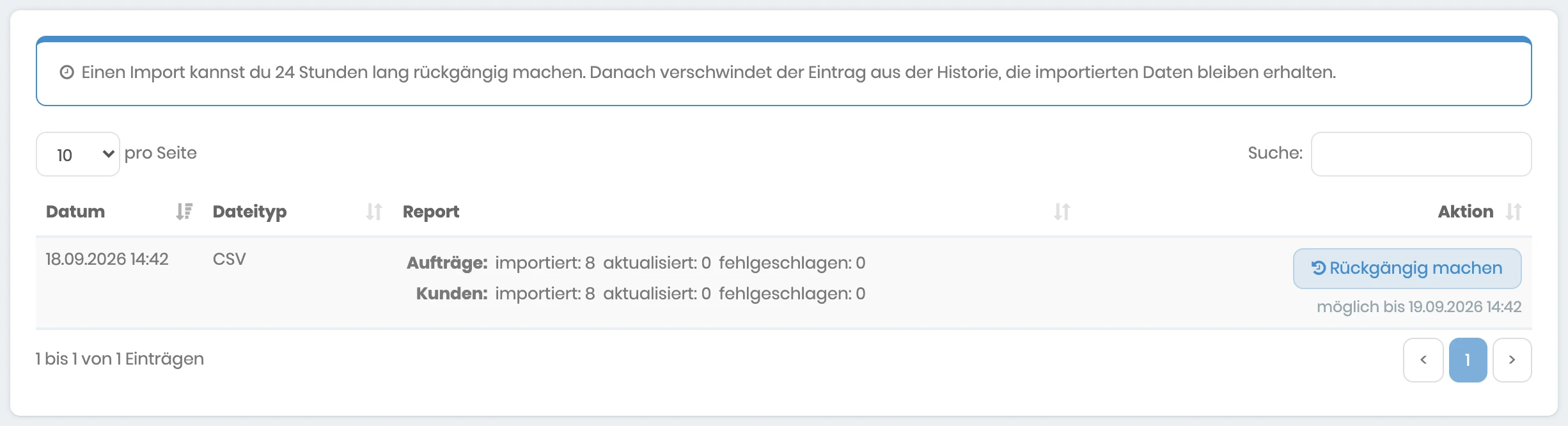 Historie des CSV-Importers mit einem Import von acht Aufträgen und acht Kunden und dem Knopf Rückgängig machen