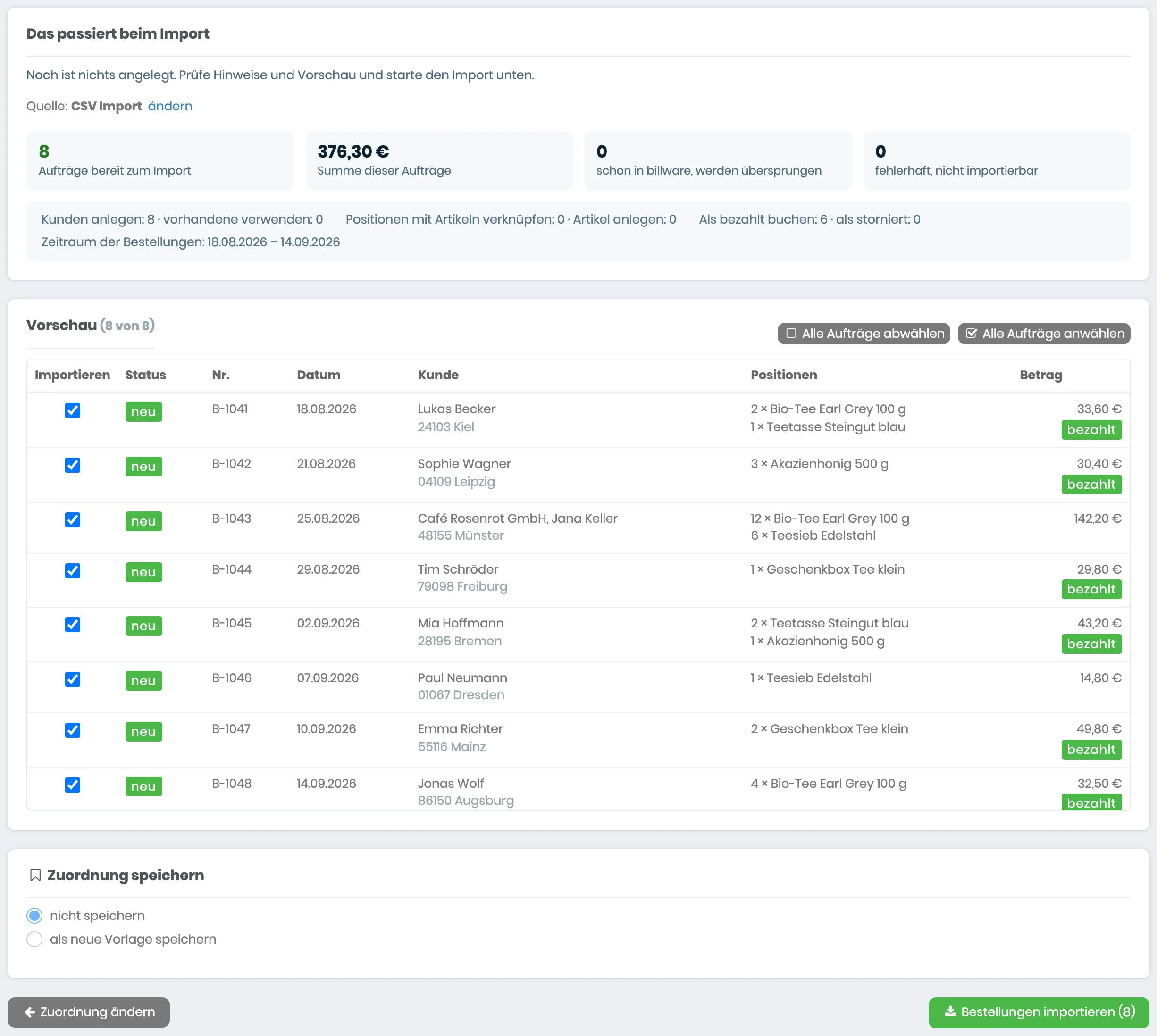 Vorschau im CSV-Importer mit acht Aufträgen bereit zum Import, Summe, Vorschau der Bestellungen mit Kunden, Positionen und Beträgen und dem Knopf Bestellungen importieren