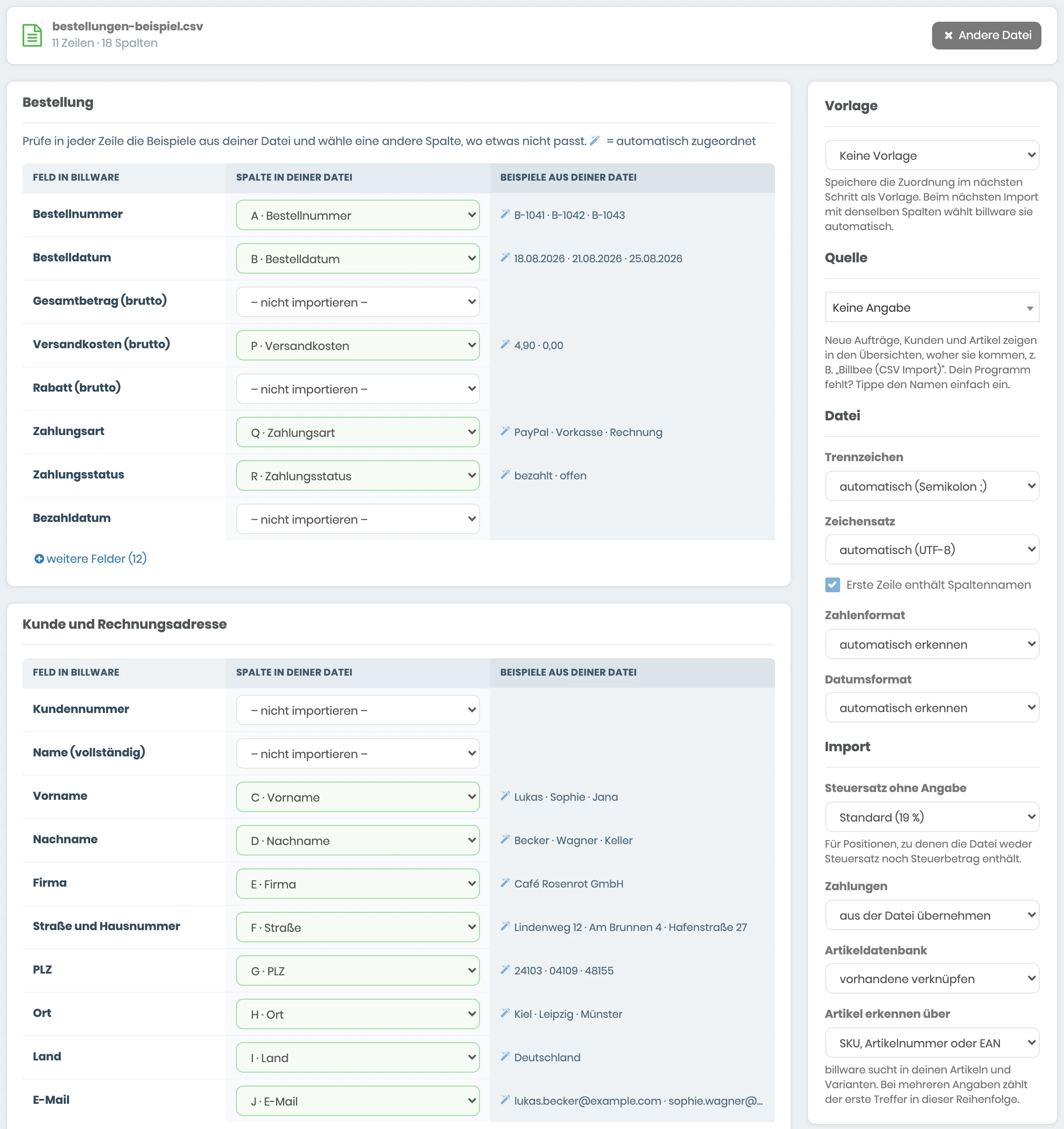 Zuordnung der Spalten im CSV-Importer mit Feldern wie Bestellnummer, Bestelldatum und Zahlungsstatus, Beispielwerten aus der Datei und Einstellungen für Vorlage, Quelle, Datei und Import