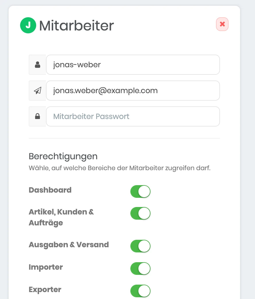 Karte für einen neuen Mitarbeiter mit Name, E-Mail, Passwort und den Berechtigungen