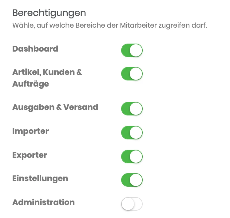 Schalter für die Berechtigungen eines Mitarbeiters, Administration ausgeschaltet