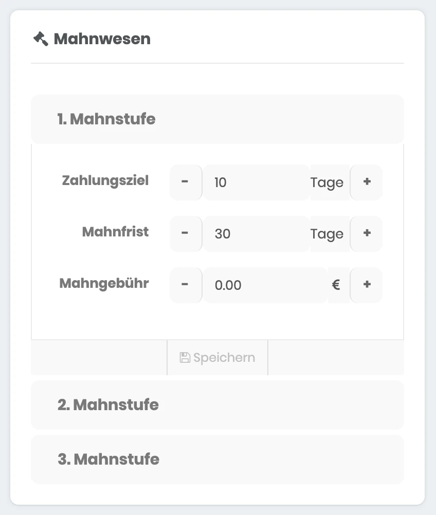 Bereich Mahnwesen in der Konfiguration mit Zahlungsziel, Mahnfrist und Mahngebühr