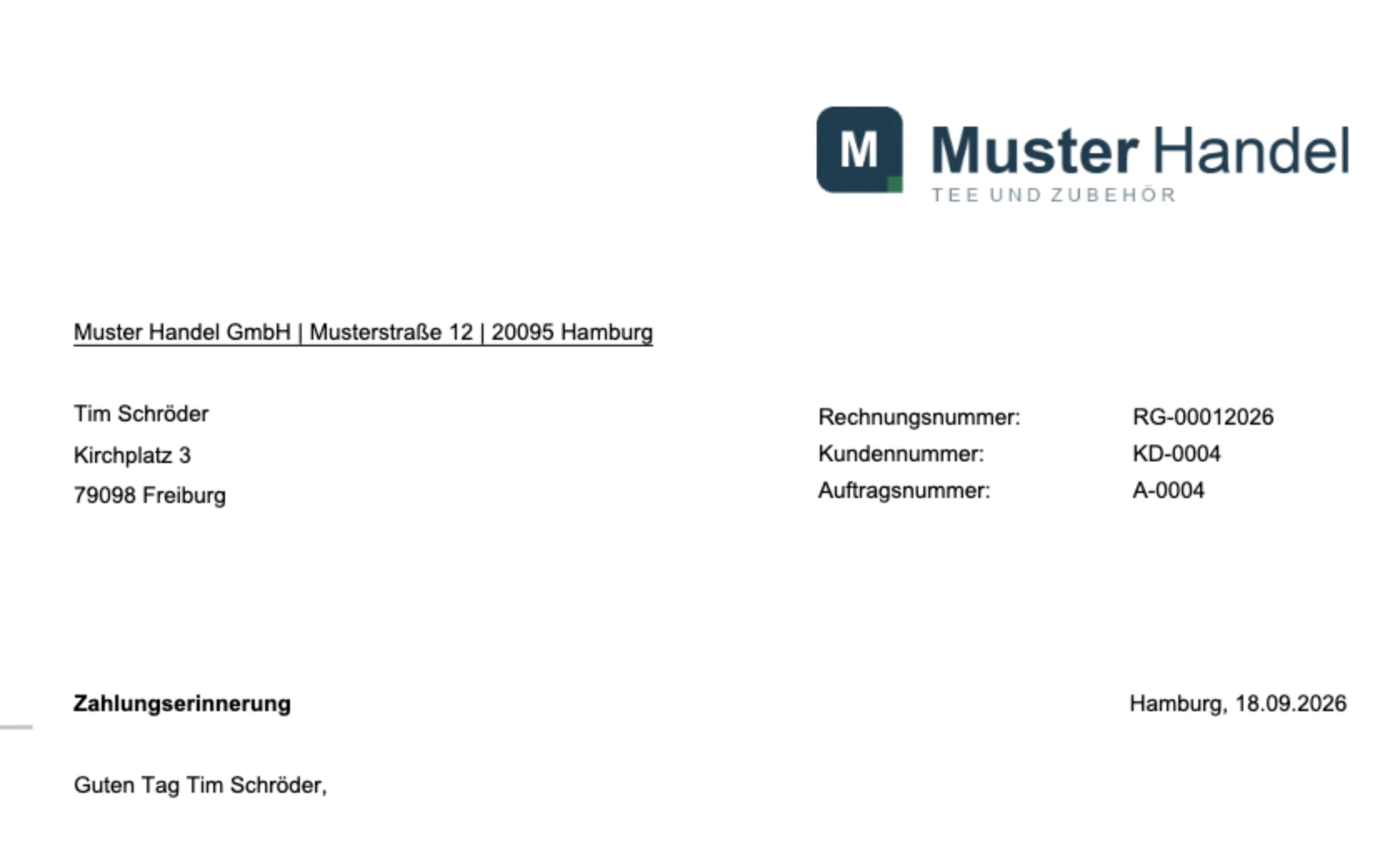 Kopf einer Zahlungserinnerung mit Rechnungsnummer und offenem Betrag