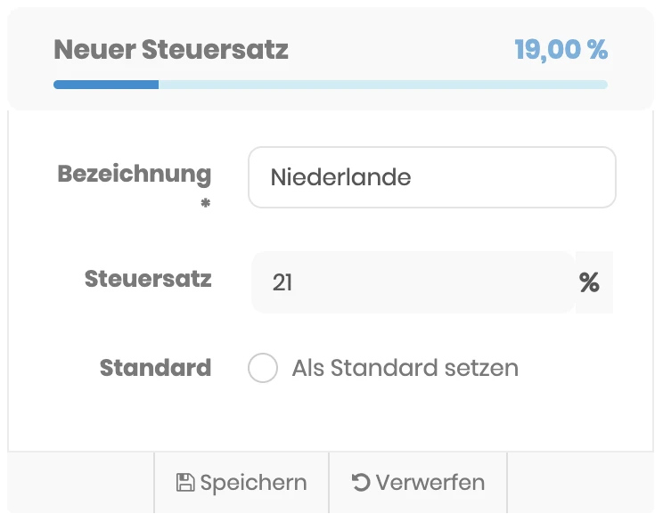 Neuer Steuersatz in der Konfiguration mit den Feldern Bezeichnung und Steuersatz